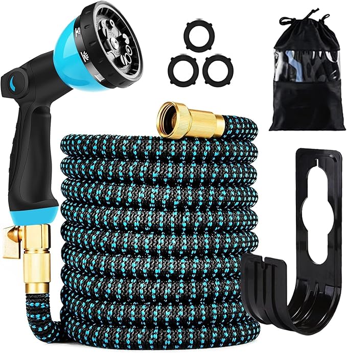 75 ft Expandable Garden Hose - Kink Free Flexible Water Hose with Thumb-Controlled 10-Function Nozzle, 3/4 Solid Brass Connectors, Retractable Latex Core - Lightweight Expanding Hose