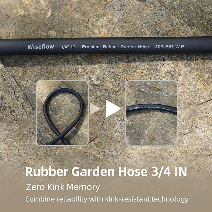 WiseFlow Garden Hose 90FT x 3/4", Heavy Duty Rubber Hose, 1000PSI Burst, 300PSI Working, Water Hose with Five Layered Braiding, Male Female Fittings (Black)