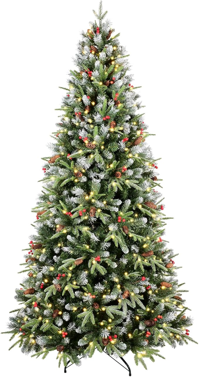 8Ft Pre-Lit Artificial Christmas Tree Fully Pre-Decorated with 2850 Flocked Frosted Tips, 91 Berries, 91 Pine Cones, 600 Lights, Realistic Xmas Tree with Metal Hinges& Floded Stand