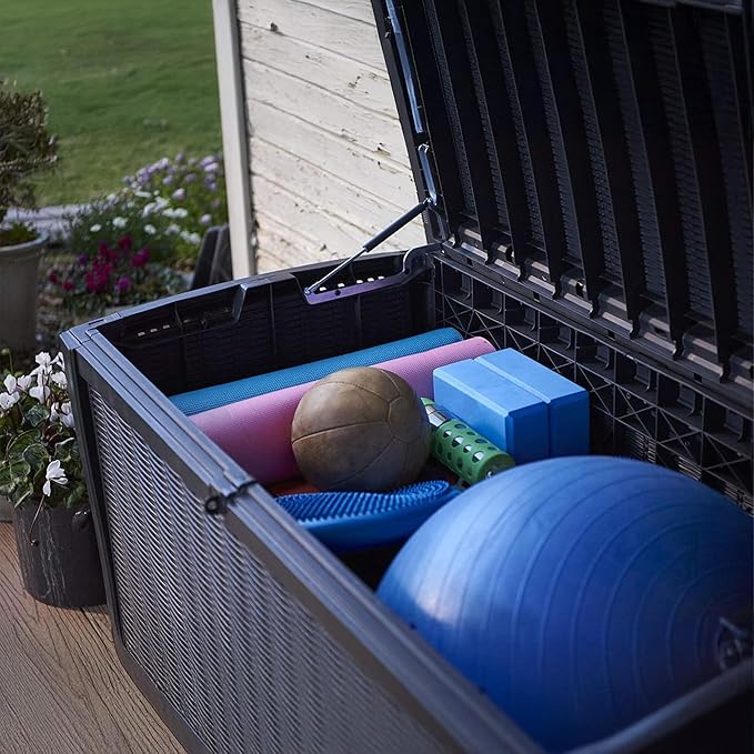 Keter Borneo 110 Gallon Storage Box, All-Weather Wicker Rattan-Style Resin Deck Box and Stylish Outdoor Bench with Piston-Assisted Lockable Lid, Grey