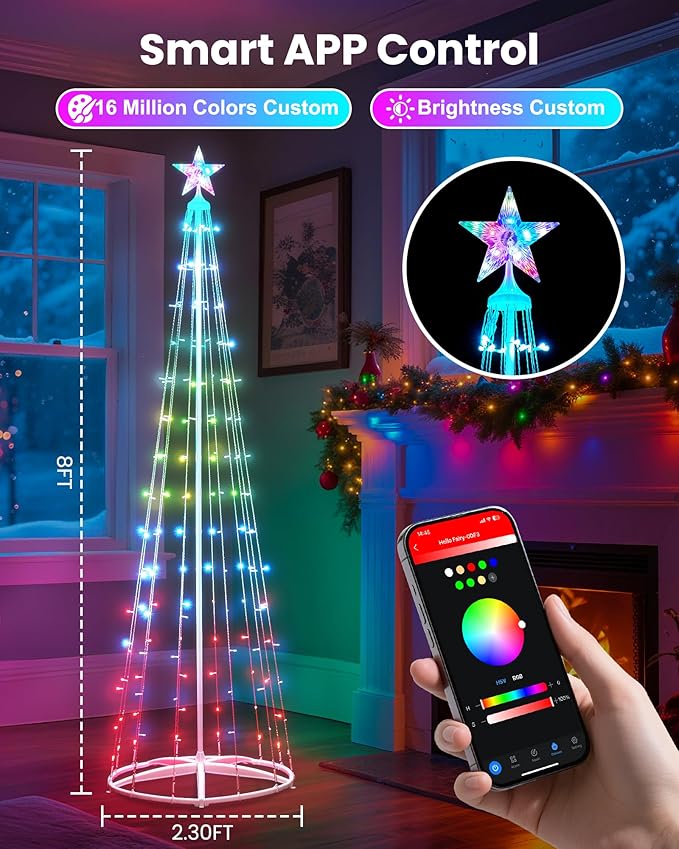 Brightown Smart Christmas Cone Tree LED Light, 8FT 191 LED Music Sync with Remote APP and Local Control, Pattern and Text Displayable, 16 Million Colors Light Show Tree for Indoor Outdoor Decorations