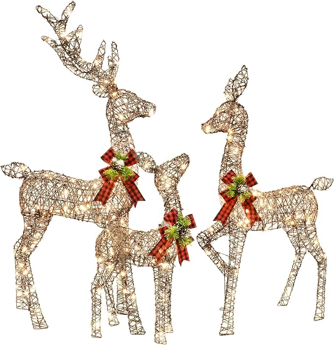 Christmas Decorations Outdoors Reindeer Family - Light up Christmas Decor Brown Deer 3 Piece with LED Lights, Extension Cord, Ground Stakes, for Outdoor Front Yard Porch - Brown