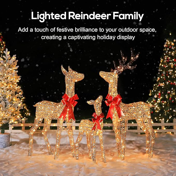 Hykolity 4.5 FT 3D Lighted Outdoor Christmas Deer Family Set, 3- Piece Christmas Reindeers with 230 Warm White LED Lights, Yard Decoration with Stakes, Zip Ties, Gold