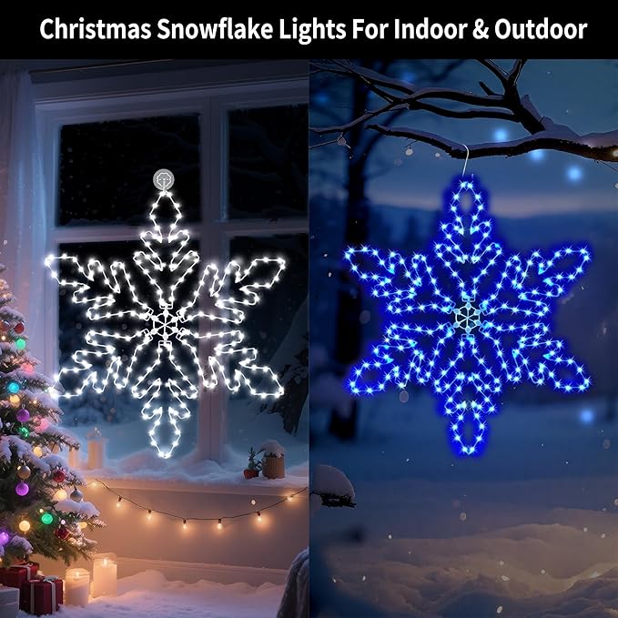 Led Snowflake Lights Outdoor, 36" 219 LED Smart Blue White Snowflake Christmas Lights with APP Remote Control Timer Music Sync, Metal Frame & Removable for Christmas Window Decorations