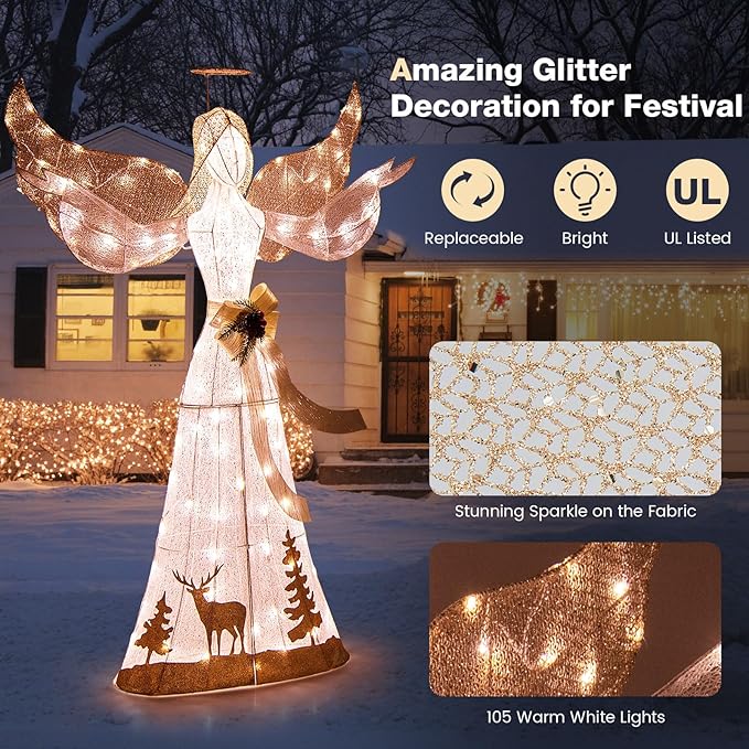 Tangkula 5 FT Lighted Christmas Angel, Outdoor Pre-lit 3D Glittered Angel with 100 Warm White Lights, Halo, Bow, Ground Stakes, Outdoor Christmas Decoration for Lawn Yard Garden