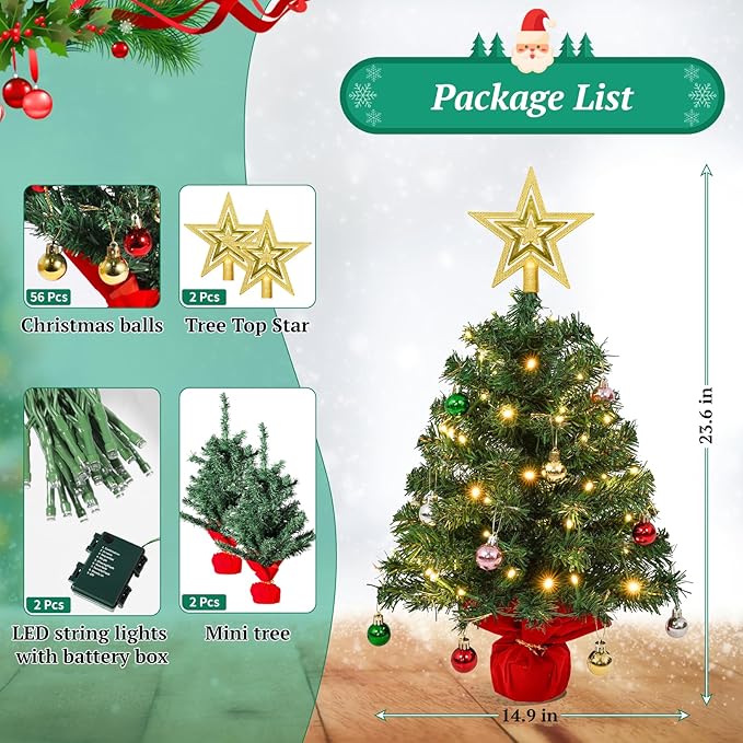 Uten Mini Christmas Tree Small Christmas Balls 56Pcs, Treetop Star 50 LED Waterproof Battery Box with Red Cement Base Double Green Christmas Tree Christmas Decorations for Home, Office, Party