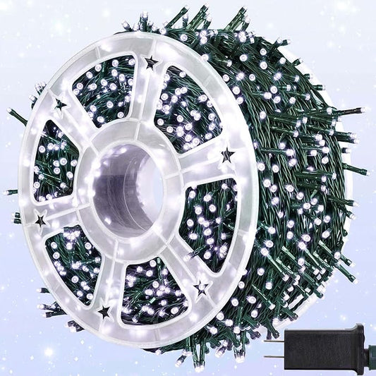 kemooie 500 LED Christmas String Lights, 164FT 8 Lighting Mode with Memory Plug in Green Wire Waterproof Lights, for Outdoor Indoor Birthday Christmas Wedding Party Garden Balcony Decorations (White)