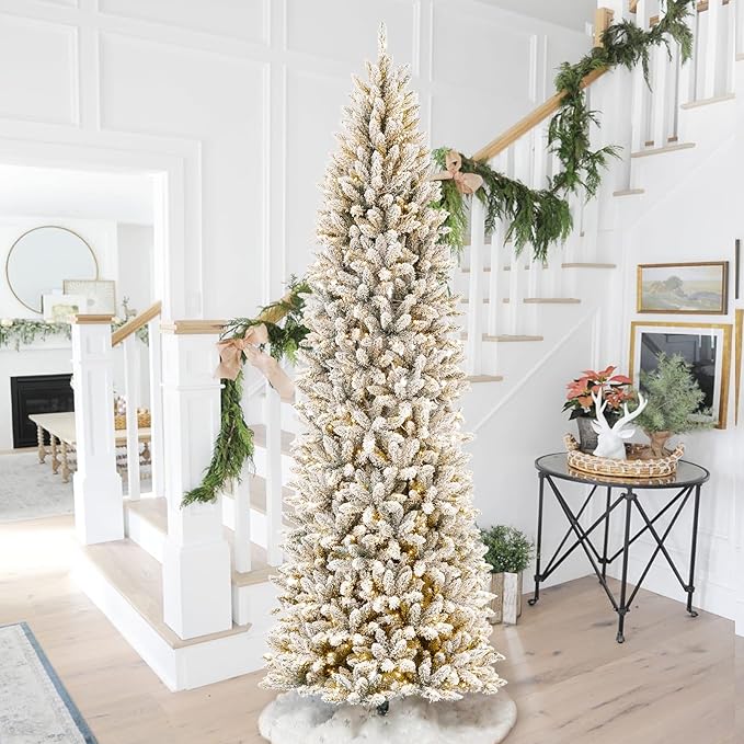 Glitzhome 9ft Pre-Lit Artificial Christmas Tree, Snowy Splendor Fir Hinged Holiday Christmas Tree Flocked Pencil Xmas Tree with 600 Warm White Lights for Home, Office, Party Decoration
