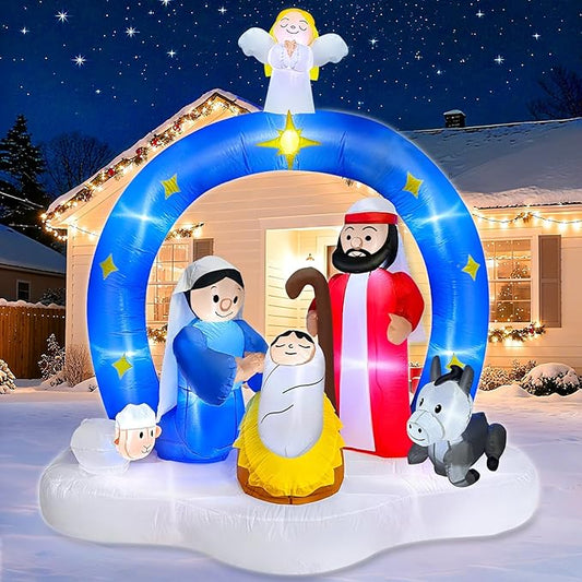 7 Ft Tall Christmas Inflatables Nativity Scene Outdoor Decorations, Light Up Christmas Blow Up Yard Decorations Birth of Jesus Nativity Sets for Xmas Garden Lawn Outside Large Party Decor