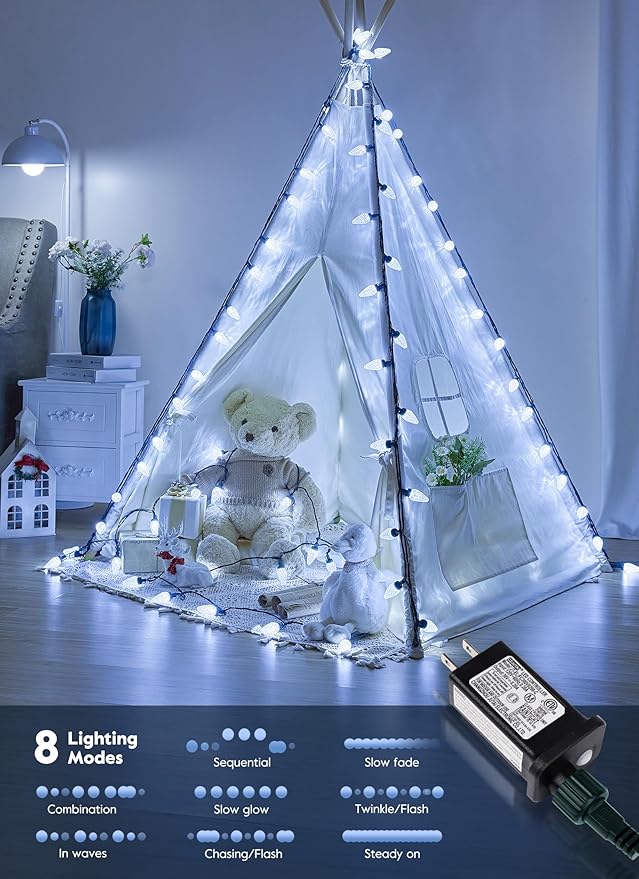 Brightown C9 Christmas Lights Outdoor, 114FT 150 LED Pure White String Lights with Timer, 8 Modes, Plug-in UL Listed Waterproof Connectable Christmas Tree Lights for House, Roof, Garden, Patio Decor