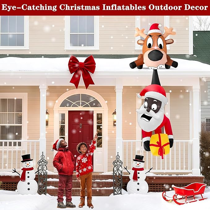 6 Ft Christmas Inflatable Reindeer & Climbing Black Santa Claus, Funny Hanging Outdoor Decoration with Built-in LED Light, Christmas Blow Up Yard Decor for Beam Roof Tree Indoor Home Party Lawn Decor