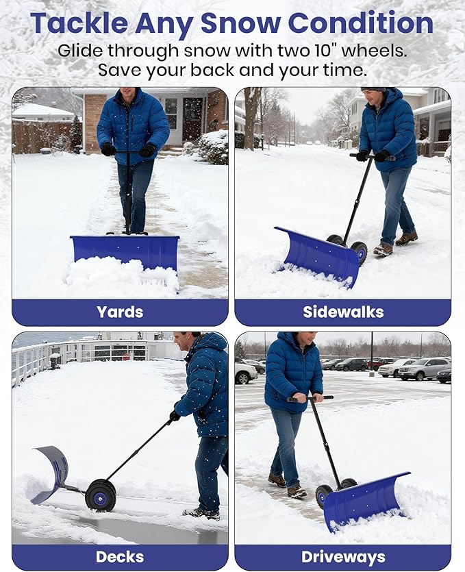 36" Snow Pusher Shovel with Wheels, Adjustable Ergonomic T-Handle Snow Plow for Driveway, Heavy Duty Wheeled Rolling Shovels for Driveway and Sidewalks with Angeled Blade