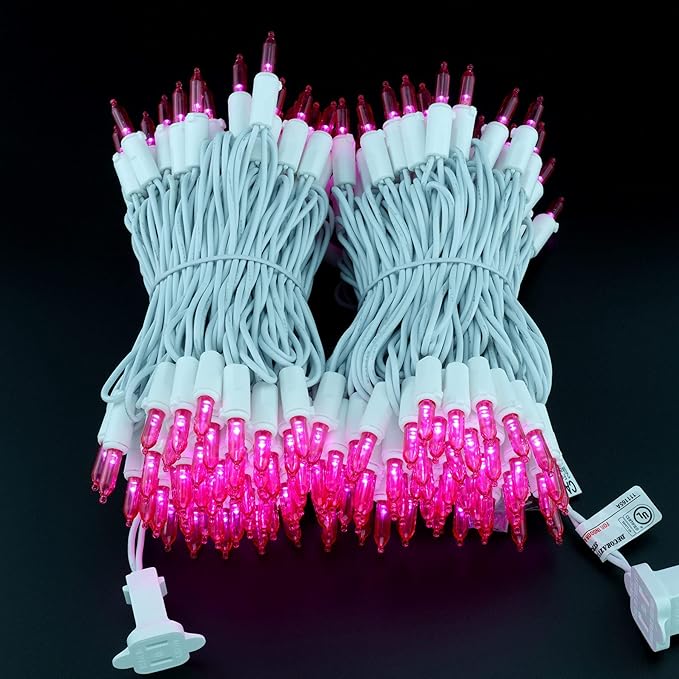 YULETIME 200 Pink LED Christmas Lights, 66 Feet White Wire UL Certified Commercial Grade Holiday String Light Set