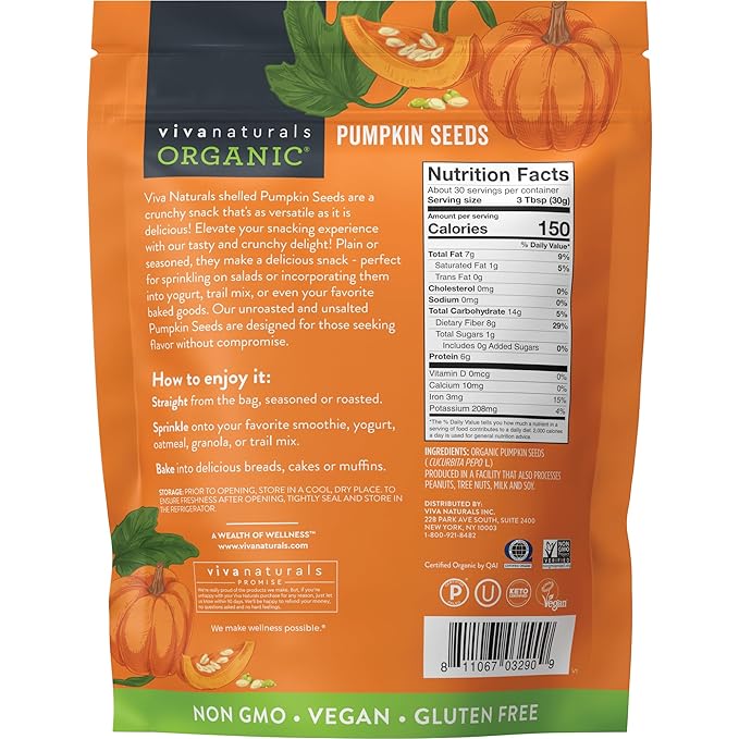 Viva Naturals Organic Pumpkin Seeds, 2 lb (32 oz, 907 g) – Shelled, Unroasted, Unsalted, Non-GMO, Vegan, Good Source of Iron & Dietary Fiber, Perfect for Salads