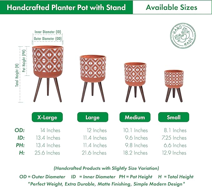 D'vine Dev 14 Inch Planter Pot with Stand, Mid-Century Tall Plant Pot with Legs for Indoor Plants, Pottery Red Terracotta/White, 88-G-D-5