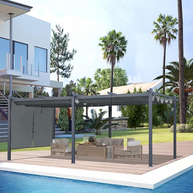 BPS 12x20 FT Outdoor Pergola - Retractable Shade Canopy with Aluminum Frame & Roller Shade Curtains for Patio, Backyard, or Deck, Gray