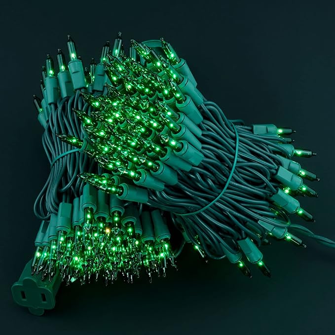YULETIME 200 Green Christmas Lights, Pack of 2 Strands of 21 ft 100 Count UL Certified Incandescent Mini String Light (Green - Green Wire)