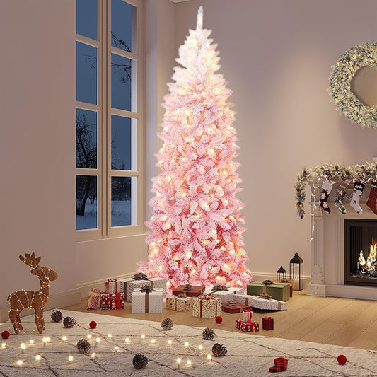 GarveeHome 4.5ft Prelit Artificial Christmas Tree with RGB & Warm White Lights, Pre-Lit Snow Flocked Pencil Christmas Tree, Foldable Base,Holiday Decoration for Home, Office, Party,Pink Gradient