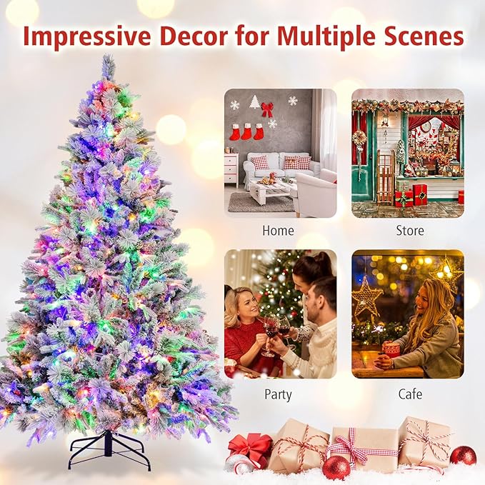 HAPPYGRILL 7 FT Pre-lit Artificial Christmas Tree, Snow-Flocked Xmas Tree with 320 Multi-Color LED Lights, 8 Lighting Modes, 1270 Branch Tips, Pine Needles, Hinged Tree for Home Office Party