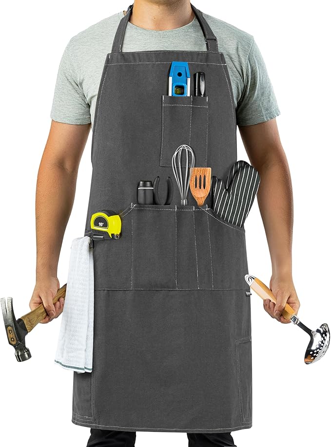 opux Chef Apron for Men, Kitchen Apron with Pockets for Women, Large Unisex Canvas Apron for Cooking Grilling BBQ Baking.