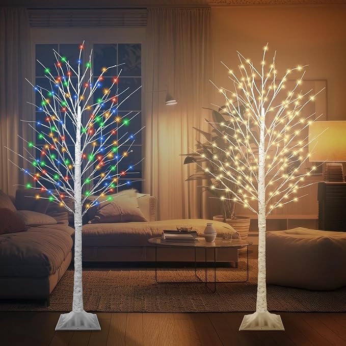 7FT Lighted Birch Tree with 170 LED Warm White and Multicolor Lights, 8 Modes, Timer Remote Faux Light Up Twig Christmas Tree for Indoor Outdoor Xmas Holiday Party Garden Decoration (2 Pack)