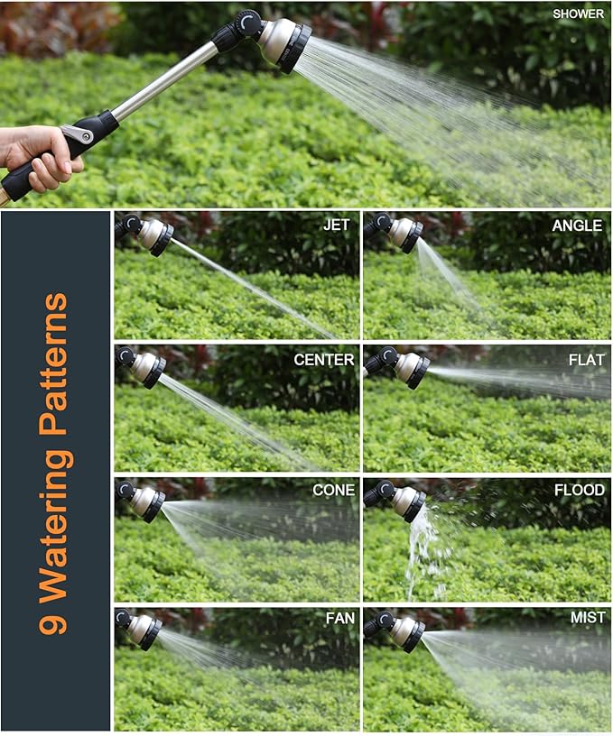 ESOW Garden Hose Watering Wand, 16 Inches Sprayer Wand, 9 Watering Patterns 180° Adjustable Swivel Head, Ergonomic Handle with One Touch Valve Perfect for Watering Plants, Car Wash and Showering Dog