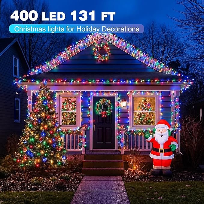 Christmas Lights 400 LED 131 FT, IP67 Waterproof Christmastree Lights with 8 Modes, Remote Control 3 Timers & Memory Function Xmas Decorations for House and Holiday (Multicolor)