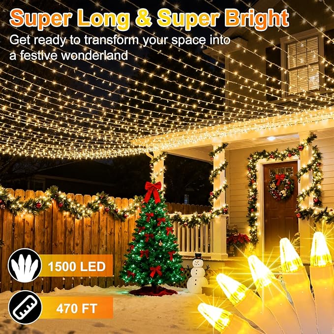 1500 LED 470FT Christmas String Lights, 12 Modes and Timer Memory Dimmable, Plug in Outdoor Waterproof Clear Wire Twinkle Light for for Xmas Yard Tree Wedding Party Halloween Decor (Warm White)
