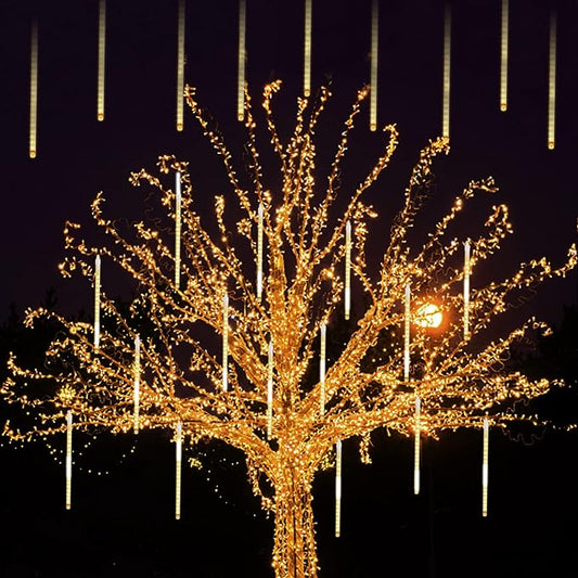 LJLNION Meteor Shower Lights, 12 Inch Outdoor Icicles Christmas Lights, 8 Tubes 288 LED Iciclelight Snow Falling Light, Connectable Raindrop Light, Xmas Wedding Party Tree Holiday Decor, Warm White