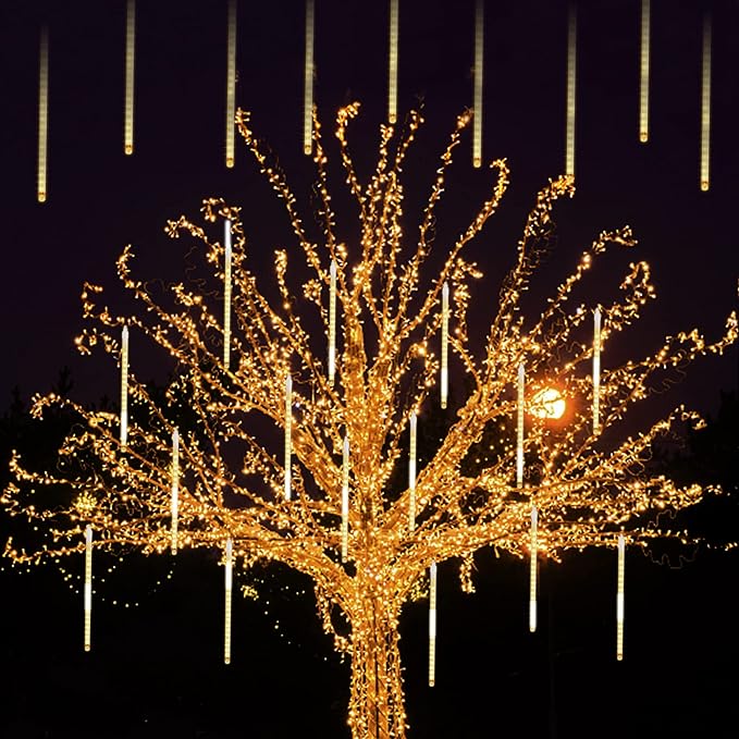 24 Tubes Meteor Shower Lights, Outdoor Icicles Christmas Decor, 12 Inch 864 LED Snow Falling Connectable Raindrop Lights, Xmas Wedding Party Tree Holiday Decoration, Warm White