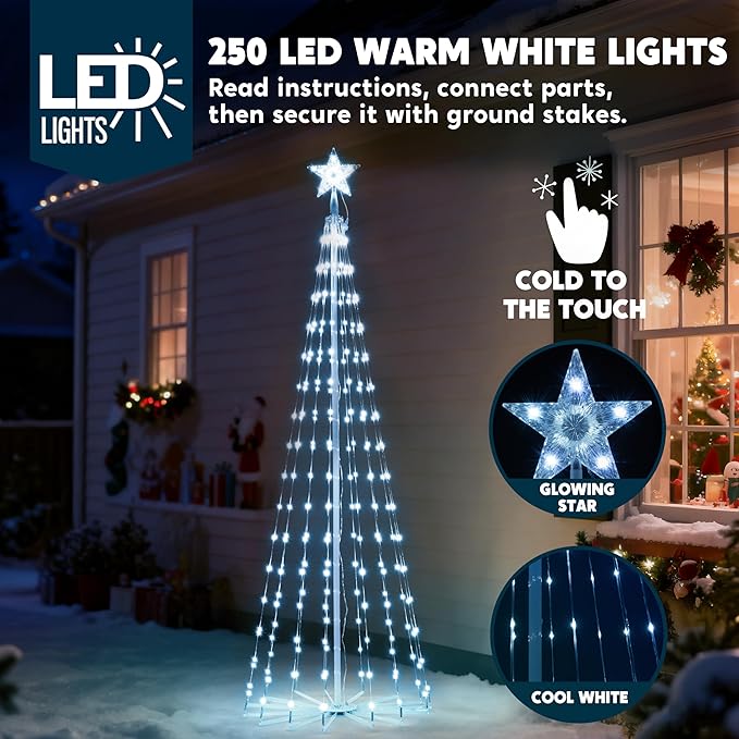 JOIEDOMI LED Christmas Cone Tree Lights, 6FT Outdoor Lighted Tree with 8 Lighting Modes & Star Topper, Christmas Decorations for Yard Porch Patio Garden Holiday Decor, Cool White