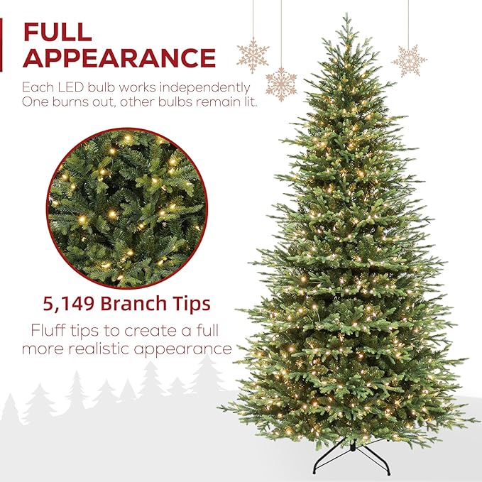 Hykolity 9ft Pre-lit Artificial Christmas Tree with 600 Warm White LED Lights, 5149 PE&PVC Realistic Branch Tips, Metal Stand and Hinged Branches Included