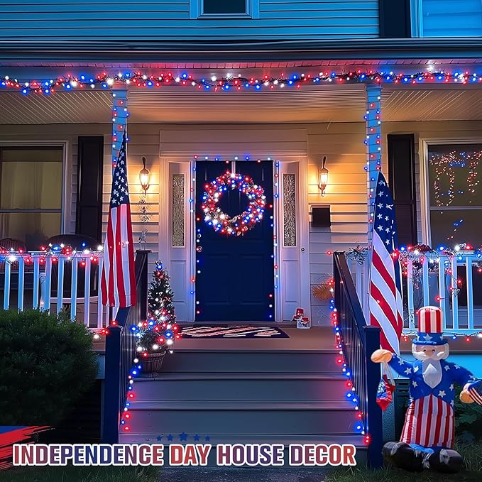 JMEXSUSS 250 LED Red White and Blue Lights for 4th of July Decorations - 91.5ft Connectable Patriotic Lights Outdoor Waterproof with 8 Modes for Home Yard Patio Party Decor