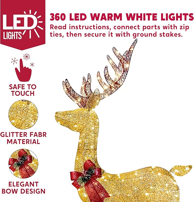 Joiedomi 3 Packs Christmas Decoration Deer Family, 360 LED Lighted Rattan Reindeers Yard Lights, Christmas Outdoor Decorations for Yard Garden Lawn, Xmas Decor, Golden Reindeer