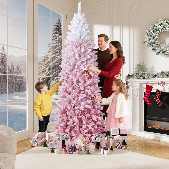 GarveeHome 7.5ft Prelit Artificial Christmas Tree with RGB & Warm White Lights, Pre-Lit Snow Flocked Pencil Christmas Tree, Foldable Base,Holiday Decoration for Home, Office, Party,Pink Gradient