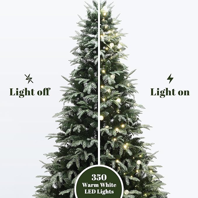 LuxenHome 6.5FT Prelit Christmas Tree with Lights, Green Flocked Artificial Christmas Tree with 350 LED Globe Lights, 1473 PE+PVC Branch Tips, Plug-in Prelit Pine Tree Indoor, Outdoor Holiday Décor