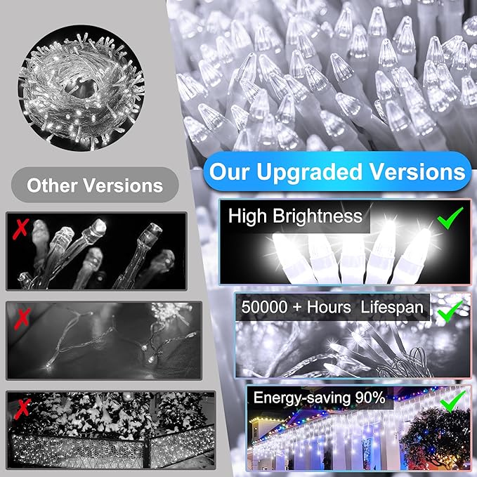 1296LED Christmas Lights with 288 Drops, 131ft 8 Modes Christmas String Lights Outdoor, Waterproof Christmas Decorations Fairy Lights with Timer Memory for Xmas Party Patio Fence Tree Cool White