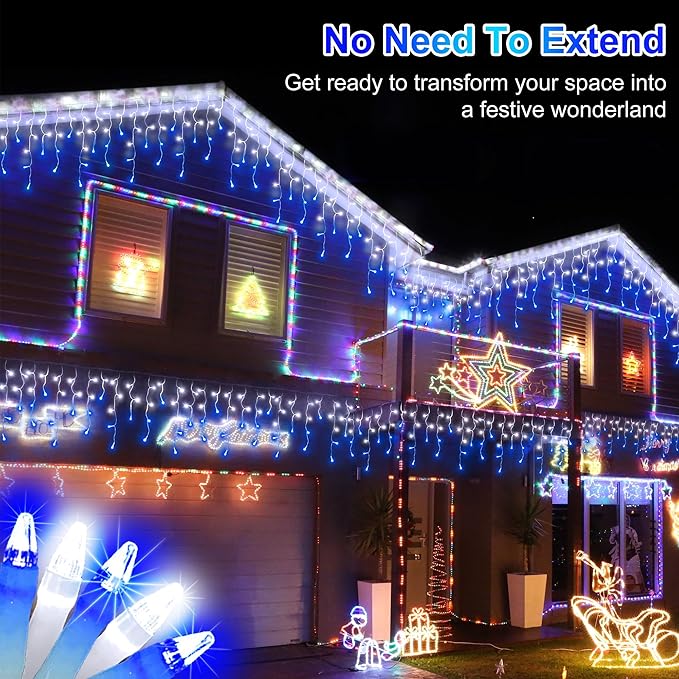 810LED 82FT Christmas Lights, 180Drops 12 Modes Christmas String Lights Outdoor Brightness, Waterproof Christmas Decoration Fairy Lights with Timer Memory for Party Patio Window Fence Blue & CoolWhite