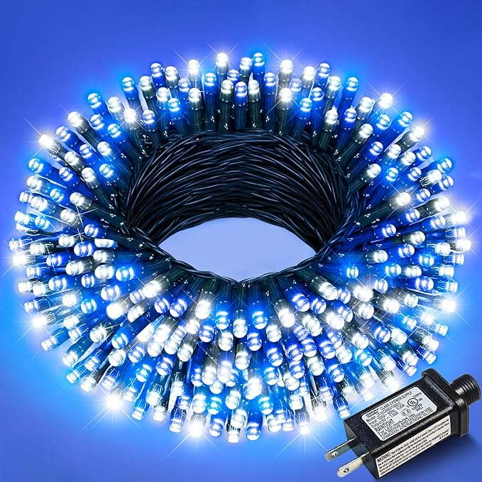 Christmas Lights Outdoor, 66FT 200 LED Christmas Tree Lights with 8 Modes Waterproof, Green Wire Plug in String Light for Indoor Patio Garden Xmas Party Wedding Holiday Decor, Blue White