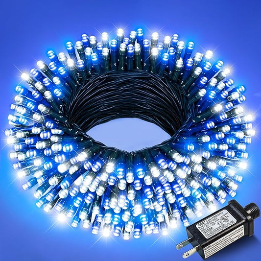 Christmas Lights Outdoor, 66FT 200 LED Christmas Tree Lights with 8 Modes Waterproof, Green Wire Plug in String Light for Indoor Patio Garden Xmas Party Wedding Holiday Decor, Blue White
