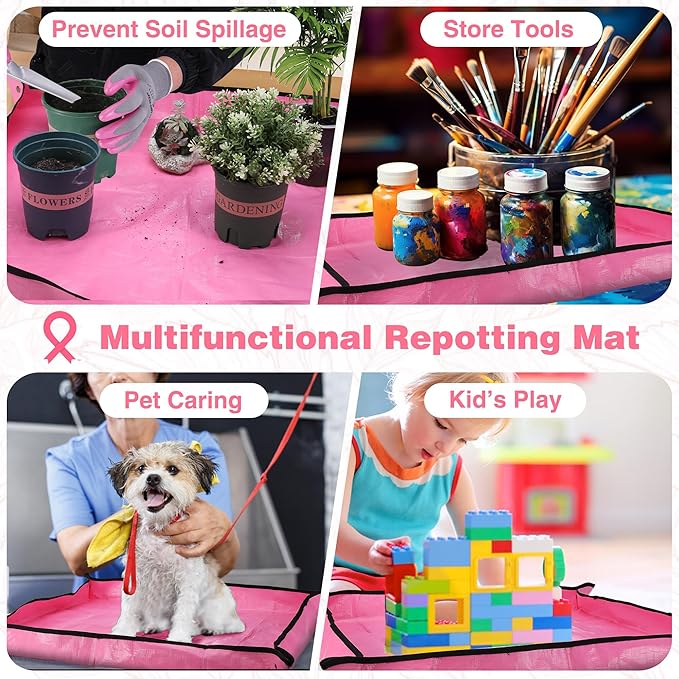 WORKPRO 5PCS Garden Tool Set, Powder Coating Compact Aluminum Gardening Tool Set with Repotting Mat, Outdoor Garden Hand Tools, Ideal Gardening Gift, Pink