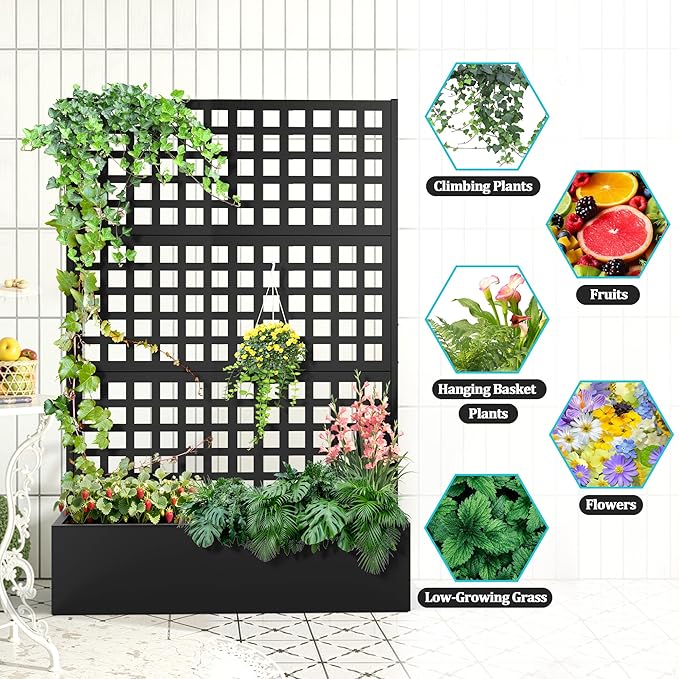 Metal Planter Box with Trellis, Planter Box with Privacy Screen, Privacy Trellis Outdoor for Climbing Plants with Drainage Holes, Raised Garden Bed for Vegetables