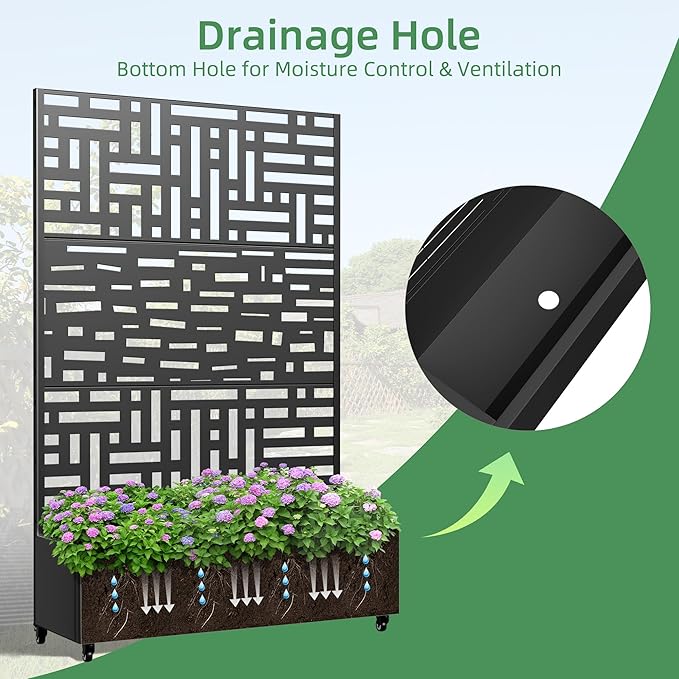 Casaphoria Metal Raised Garden Bed with Trellis and Wheels, 72"x47"x16" Planter Box for Climbing Plants, Vegetables & Vines, Features Drainage Holes and Privacy Screen, Black(Helen&Gerald)