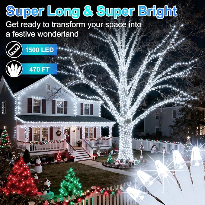 1500 LED 470FT Christmas String Lights, 12 Modes and Timer Memory Dimmable, Plug in Outdoor Waterproof Clear Wire Twinkle Light for for Xmas Yard Tree Wedding Party Halloween Decor (Cool White)