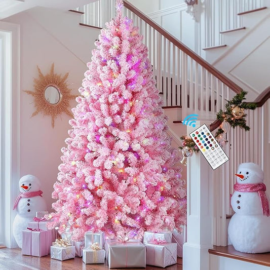 SHareconn 6ft Prelit Snow Flocked Spruce Artificial Christmas Tree with Remote (Upgraded), 330 Pre-Lit Multi-Color RGB Lights, Full Snow Branch Tips for Home, Office, Xmas Decoration, 6 FT Pink