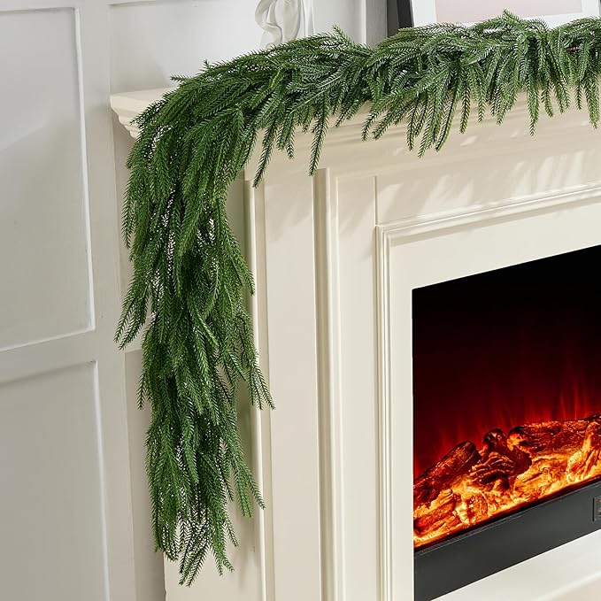 2Pcs 6FT Norfolk Pine Garlands Realistic, Real Touch Winter Xmas Garland, Christmas Decorations Indoor Outdoor, Artificial Holiday Decor Faux Greenery for Mantle, Fireplace, Table