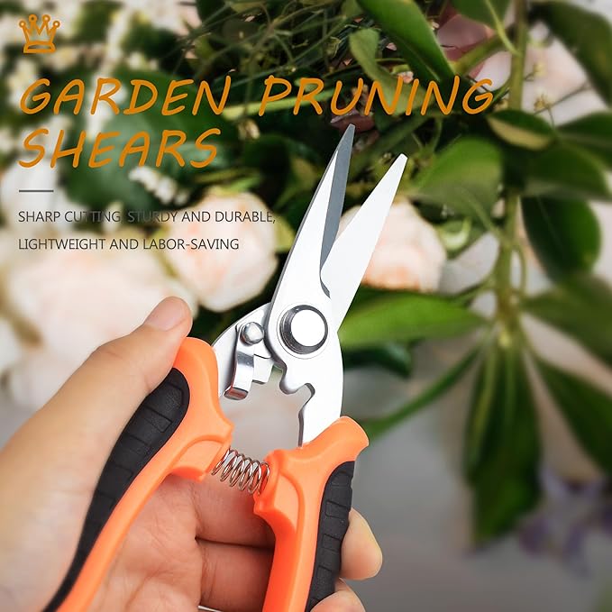 Pruning Shears Gardening Scissors Tools: 3pcs Outdoors&Indoor Garden Clippers, Rose Snips, Plant Clippers, Wood Pruner, Gardener Work Accessories for Flower Arrangement, Yard Landscaping (Orange)