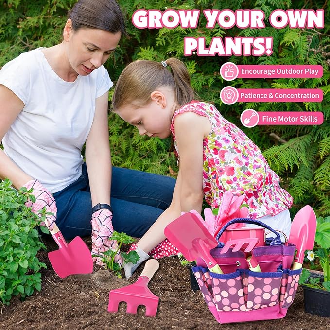 Kids Gardening Tools Set, Toddler Play Kit Child Outdoor Toy with Gloves, Watering Can, Metal Shovel, Rake, Spade & Storage Bag, Backyard Sand Digging Birthday for Boys Girls 3-5 (Pink)