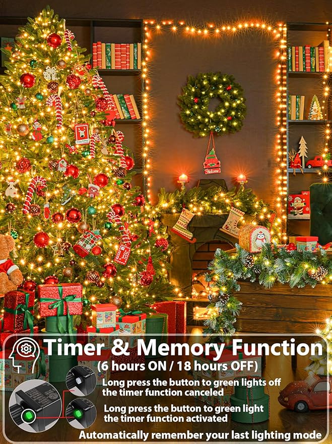 33 FT 100 LED Christmas String Lights Indoor Outdoor, Memory Function & Timer & 8 Modes, UL Certified, Linkable Green Wire Waterproof Twinkle Light for Christmas Tree Party Garden Decor (Warm White)