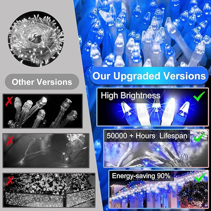 810 LED Christmas Lights with 180 Drops, 82ft 12 Modes Blue and White Fairy String Lights with Timer Dimmable, Waterproof Twinkle Lights for Halloween Indoor Outdoor Holiday Wedding Party Eaves Decor